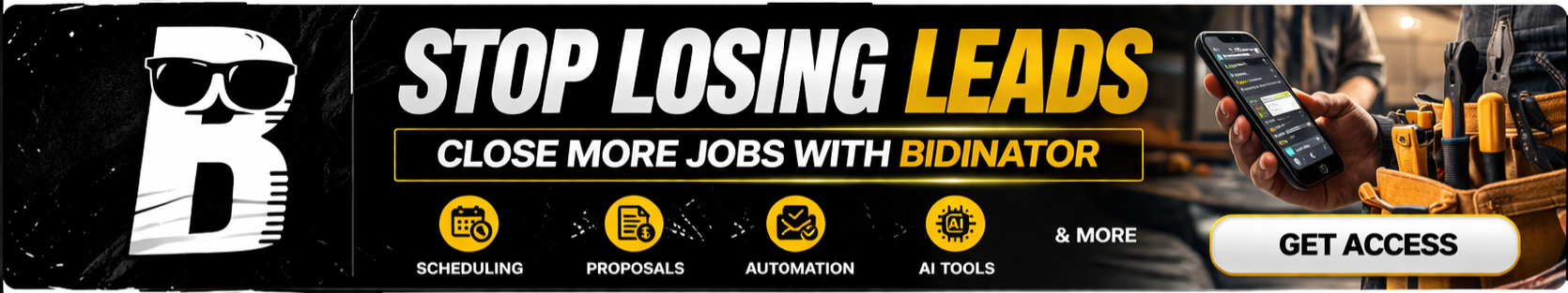Bidinator ad: Stop losing leads — close more jobs with scheduling, proposals, automation and AI tools