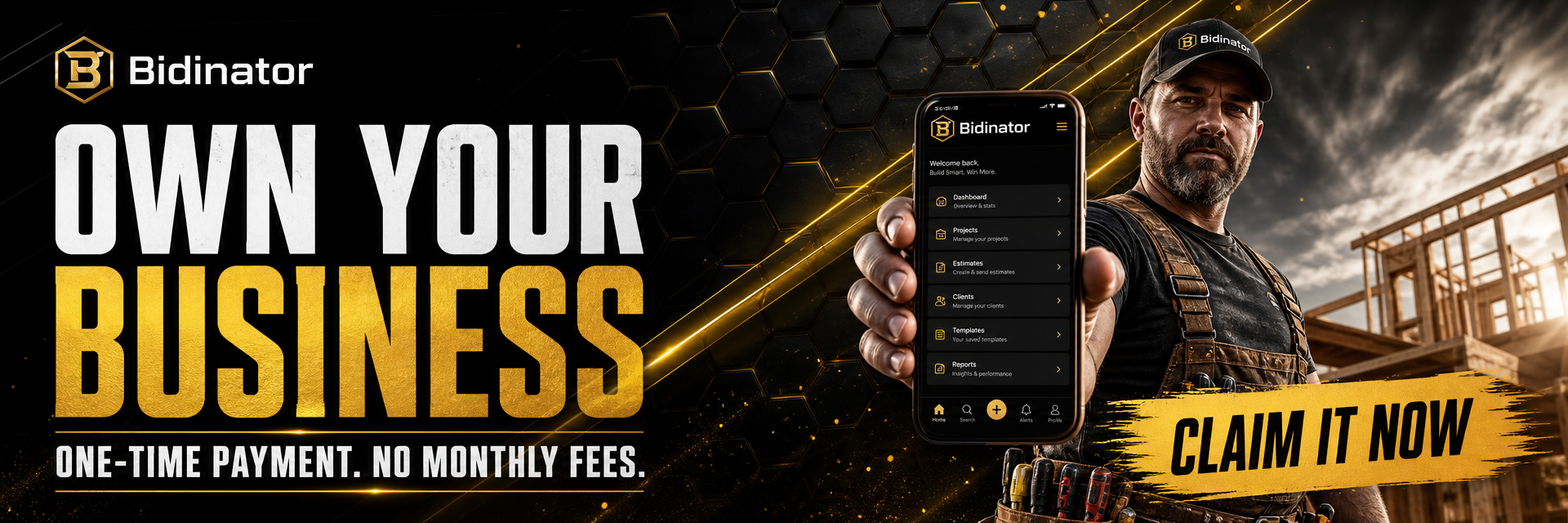 Bidinator ad: Own your business — one-time payment, no monthly fees