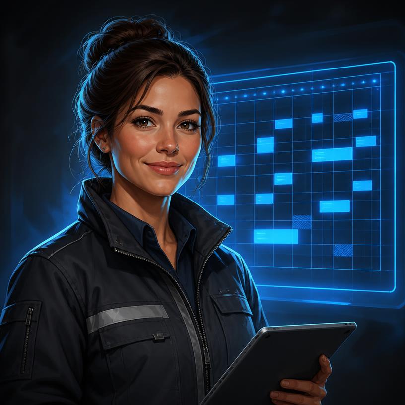 Illustrated scheduling assistant in front of a calendar