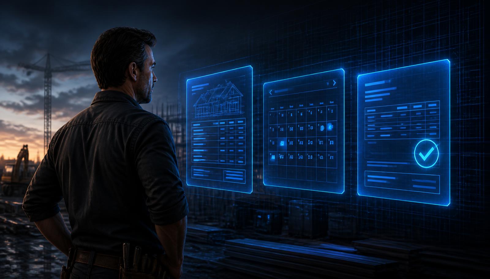 Contractor reviewing an estimate, a schedule, and a paid invoice on a digital display