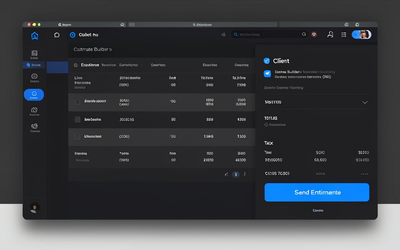 Estimate builder with line items, client panel, and totals